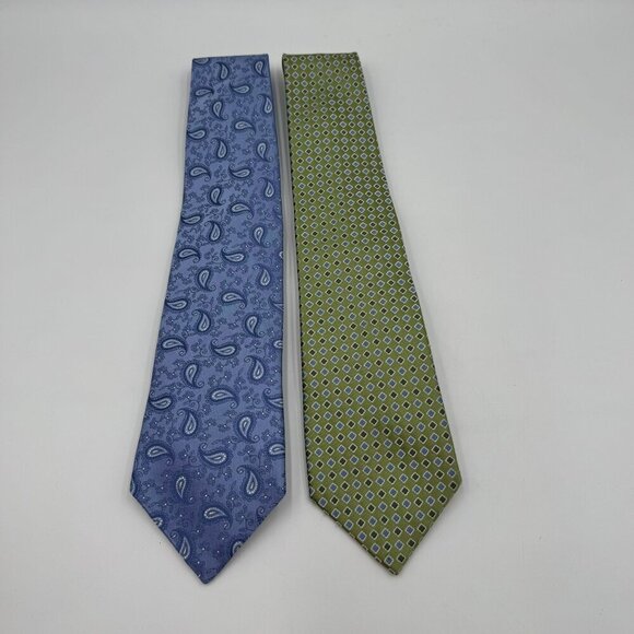 Jones New York 100% Silk Two Tie Bundle Blue Paisley & Green Geometric Design - Picture 1 of 4